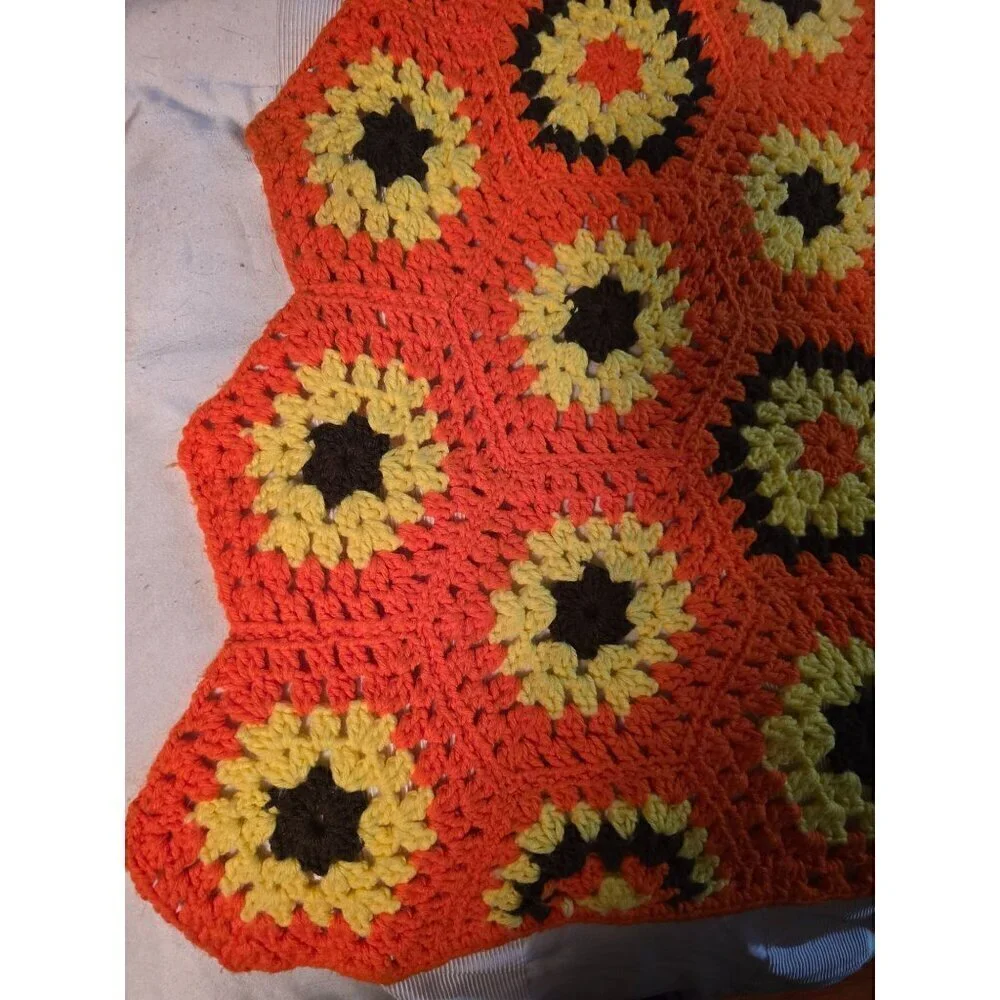Vintage Handmade Afghan Hexagon Granny Square Crochet Blanket Throw Orange Yello